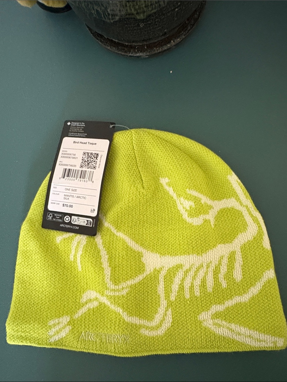 Arc'teryx Lime Green and White Bird-Graphic Beanie